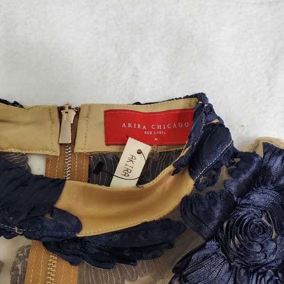 Akira Chicago Women Mesh Top Navy Blue Floral Applique Sheer Long Sleeve M - Picture 4 of 10